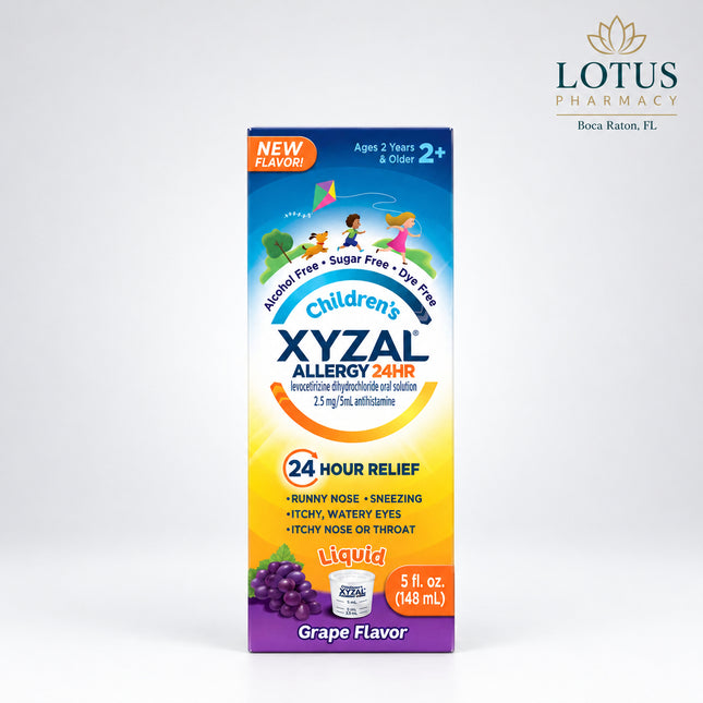 Xyzal® Children's Allergy 24HR Liquid provides all-day relief from indoor and outdoor allergy symptoms in children ages 2 years and older. Formulated with levocetirizine dihydrochloride, this once-daily antihistamine helps relieve sneezing, runny nose, itchy nose, itchy throat, and itchy, watery eyes caused by seasonal and year-round allergies. The kid-friendly bubble gum / grape flavor makes administration easy and convenient.