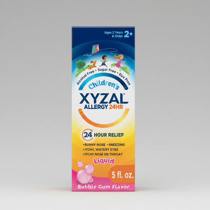 Xyzal® Children's Allergy 24HR Liquid provides all-day relief from indoor and outdoor allergy symptoms in children ages 2 years and older. Formulated with levocetirizine dihydrochloride, this once-daily antihistamine helps relieve sneezing, runny nose, itchy nose, itchy throat, and itchy, watery eyes caused by seasonal and year-round allergies. The kid-friendly bubble gum flavor makes administration easy and convenient.