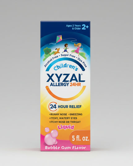 Xyzal® Children's Allergy 24HR Liquid provides all-day relief from indoor and outdoor allergy symptoms in children ages 2 years and older. Formulated with levocetirizine dihydrochloride, this once-daily antihistamine helps relieve sneezing, runny nose, itchy nose, itchy throat, and itchy, watery eyes caused by seasonal and year-round allergies. The kid-friendly bubble gum flavor makes administration easy and convenient.