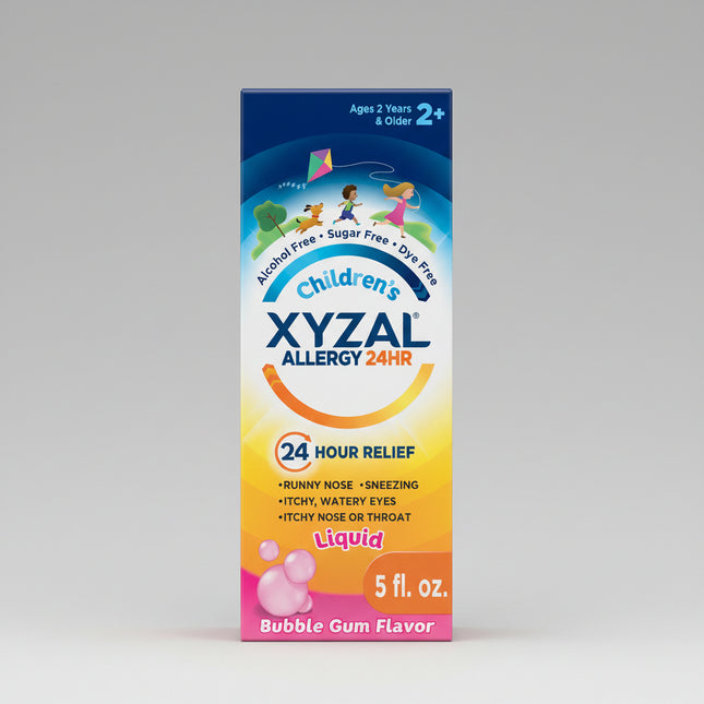 Xyzal® Children's Allergy 24HR Liquid provides all-day relief from indoor and outdoor allergy symptoms in children ages 2 years and older. Formulated with levocetirizine dihydrochloride, this once-daily antihistamine helps relieve sneezing, runny nose, itchy nose, itchy throat, and itchy, watery eyes caused by seasonal and year-round allergies. The kid-friendly bubble gum flavor makes administration easy and convenient.
