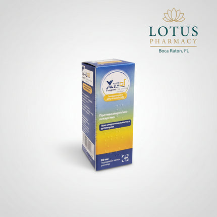 Xyzal Oral Drops contain levocetirizine dihydrochloride, a second-generation antihistamine used for the symptomatic treatment of allergic rhinitis, including seasonal and perennial allergies, and chronic urticaria (hives). The convenient oral drop formulation allows for precise dosing and provides 24-hour allergy relief with a low risk of sedation compared to first-generation antihistamines.