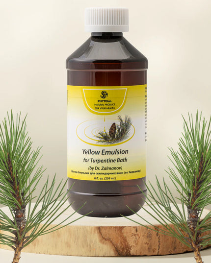 Yellow Turpentine Bath Emulsion by Dr. Zalmanov 236 ml (Жёлтая эмульсия для скипидарных ванн Залманова) Yellow Turpentine Emulsion by Dr. Zalmanov is a classic wellness bath formula traditionally used to support circulation, metabolism, detoxification, and overall vitality. Made with purified gum turpentine and plant-based components, this emulsion promotes a gentle warming effect and stimulates deep capillary activation throughout the body.