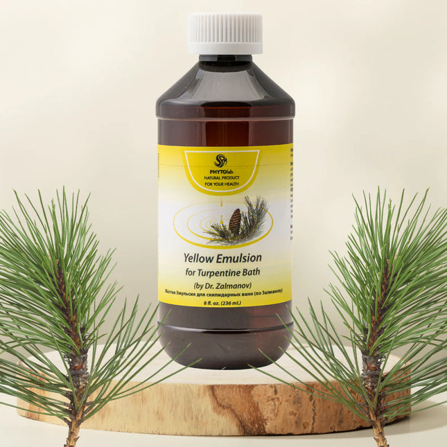 Yellow Turpentine Bath Emulsion by Dr. Zalmanov 236 ml (Жёлтая эмульсия для скипидарных ванн Залманова) Yellow Turpentine Emulsion by Dr. Zalmanov is a classic wellness bath formula traditionally used to support circulation, metabolism, detoxification, and overall vitality. Made with purified gum turpentine and plant-based components, this emulsion promotes a gentle warming effect and stimulates deep capillary activation throughout the body.