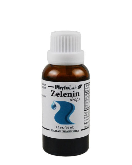 Bottle of Zelenin drops with a white label on a white background