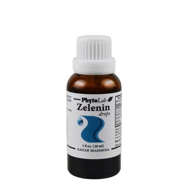 Bottle of Zelenin drops with a white label on a white background