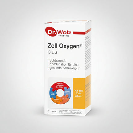 Zell Oxygen® Plus Liquid is a premium German dietary supplement from Dr. Wolz featuring a unique blend of fresh enzyme-active yeast cells, fruit concentrates, B-complex vitamins, vitamin E, zinc, and selenium. The formula is designed to support normal cellular energy metabolism, healthy cell function, immune health, and protection against oxidative stress.