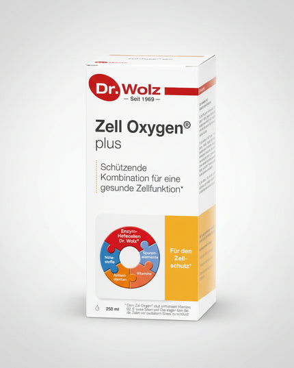 Zell Oxygen® Plus Liquid is a premium German dietary supplement from Dr. Wolz featuring a unique blend of fresh enzyme-active yeast cells, fruit concentrates, B-complex vitamins, vitamin E, zinc, and selenium. The formula is designed to support normal cellular energy metabolism, healthy cell function, immune health, and protection against oxidative stress.