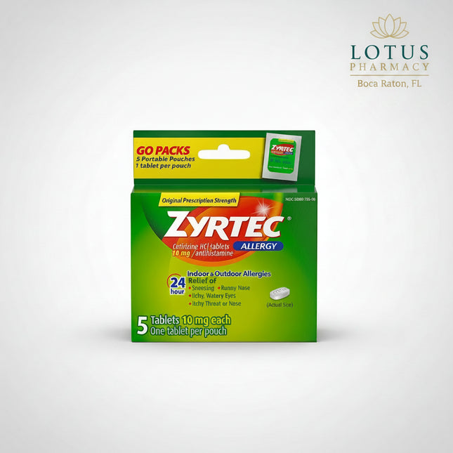 Zyrtec® Allergy Relief Tablets provide powerful 24-hour relief from indoor and outdoor allergy symptoms. Each tablet contains&nbsp;10 mg of cetirizine hydrochloride, a prescription-strength antihistamine that helps relieve sneezing, runny nose, itchy and watery eyes, and itching of the nose or throat caused by hay fever and other upper respiratory allergies. Zyrtec starts working within the first hour and provides all-day allergy relief with a single daily dose.