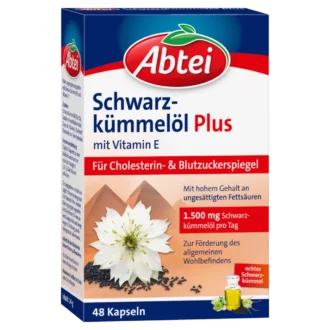 Box of Abtei Schwarz-kümmelöl Plus with a white flower illustration on a blue background