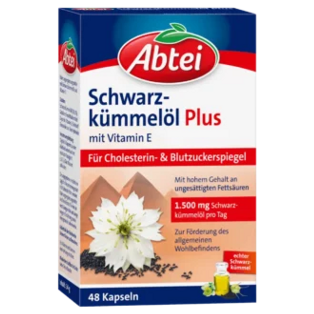 Box of Abtei Schwarz-kümmelöl Plus with a white flower illustration on a blue background