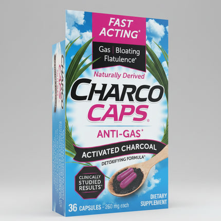 Charco Caps Anti-Gas Activated Charcoal dietary supplement box, featuring a bright blue sky and palm tree background with pink and black text.