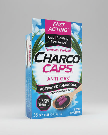 Charco Caps Anti-Gas Activated Charcoal dietary supplement box, featuring a bright blue sky and palm tree background with pink and black text.