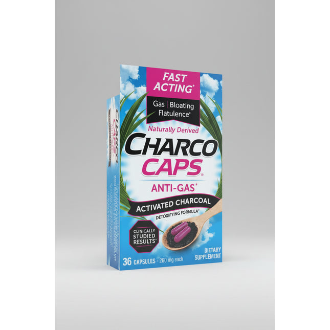 Charco Caps Anti-Gas Activated Charcoal dietary supplement box, featuring a bright blue sky and palm tree background with pink and black text.