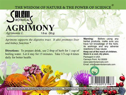 Salem Botanicals Agrimony product label with herbal imagery and text.