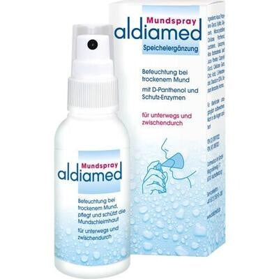 Aldiamed mouth spray bottle and packaging on a white background