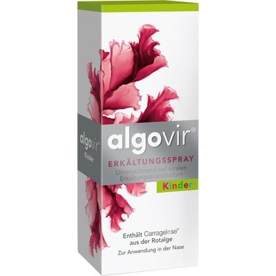 Box of algovir cold spray with pink floral design on a white background
