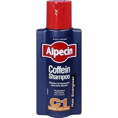 Alpecin Caffeine Shampoo bottle with red cap on a white background
