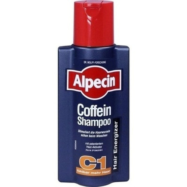 Alpecin Caffeine Shampoo bottle with red cap on a white background