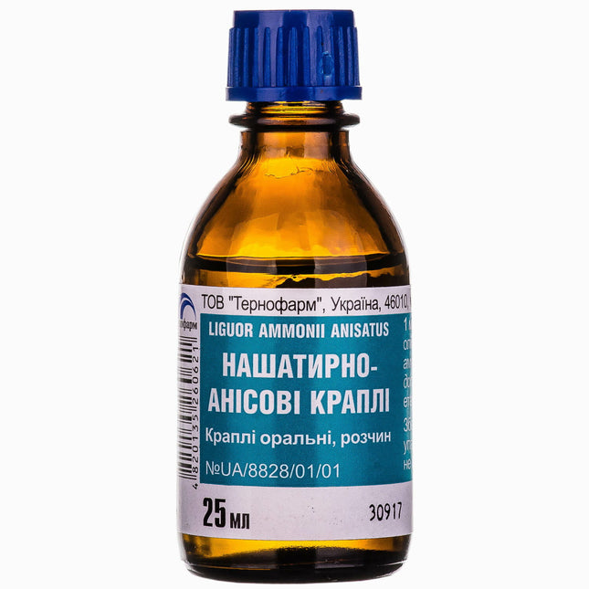 Bottle of Liguor Ammonii Anisatus with a blue cap on a white background