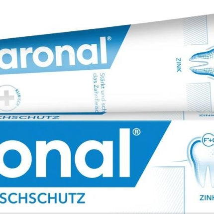 Aronal toothpaste tube with blue and white packaging