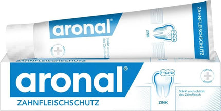 Aronal toothpaste tube with blue and white packaging
