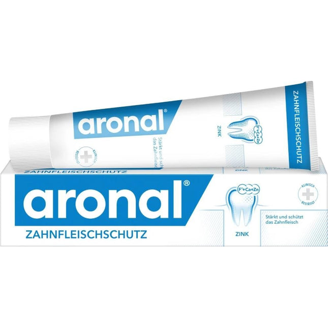 Aronal toothpaste tube with blue and white packaging