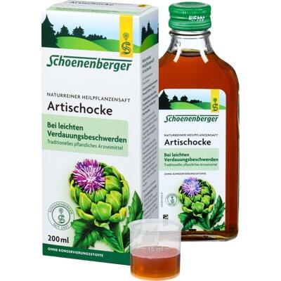 Schoenenberger Artischocke herbal syrup packaging with bottle and box on a white background