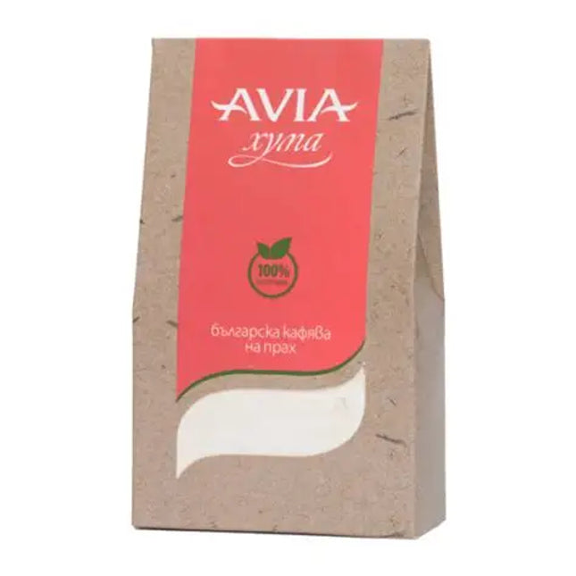 Avia coffee packaging with red label and brown body on a white background