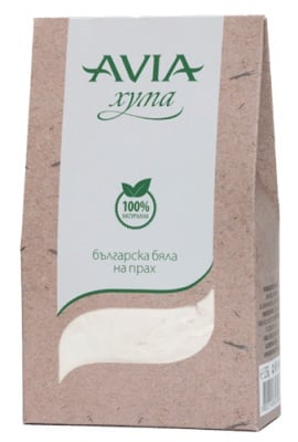 Avia product packaging with a white label on a brown background