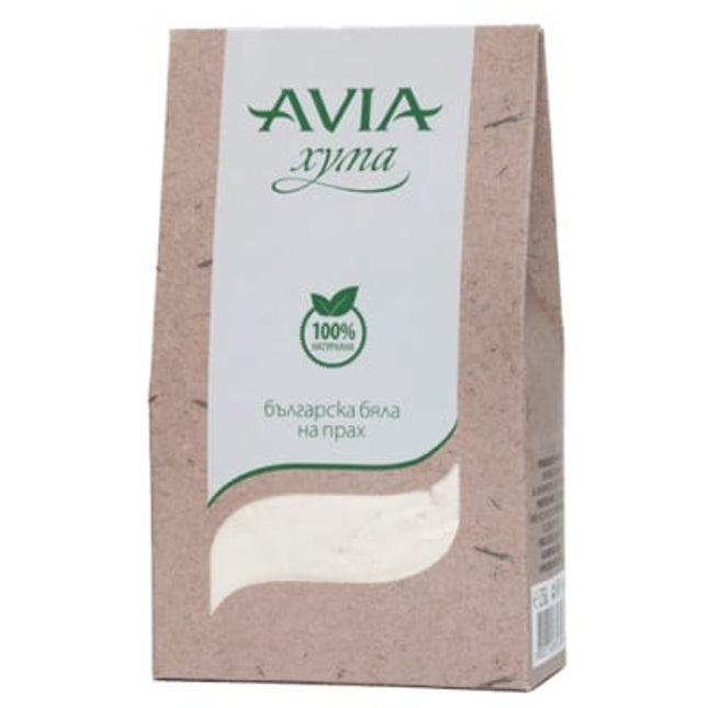 Avia product packaging with a white label on a brown background