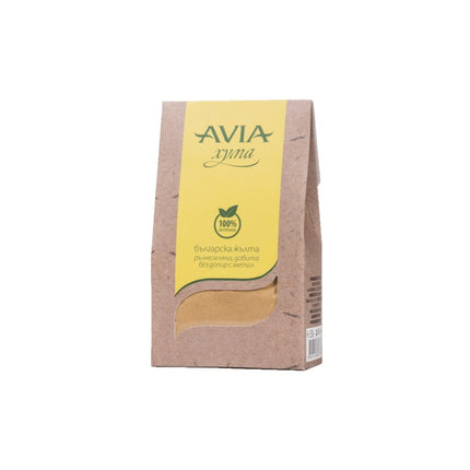 Avia product packaging with a yellow label on a white background
