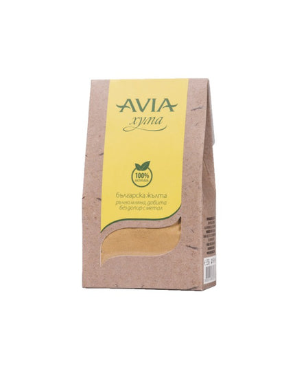 Avia product packaging with a yellow label on a white background