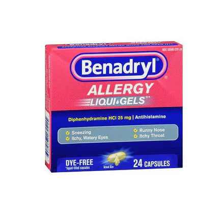 benadryl allergy liqui gels, benadryl allergy relief, diphenhydramine hcl 25 mg, antihistamine, allergy medicine, hay fever relief, sneezing relief, runny nose relief, itchy eyes relief, allergy capsules, dye free allergy medicine, liquid filled capsules, cold symptom relief, benadryl 24 count, бенадрил, дифенгидрамин, антигистаминное средство, аллергия, насморк, чихание, зуд в глазах, сенная лихорадка, капсулы от аллергии, средство от простуды, бенадрил капсулы, benadryl alergia, difenhidramina 25 mg, anti
