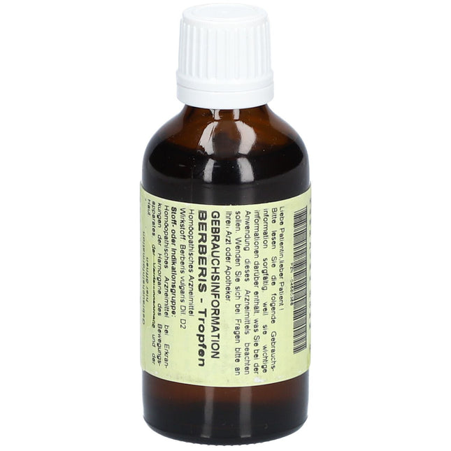 Bottle of Berberis Tropfen with a white cap on a white background