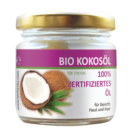 Jar of coconut oil with a purple label on a white background