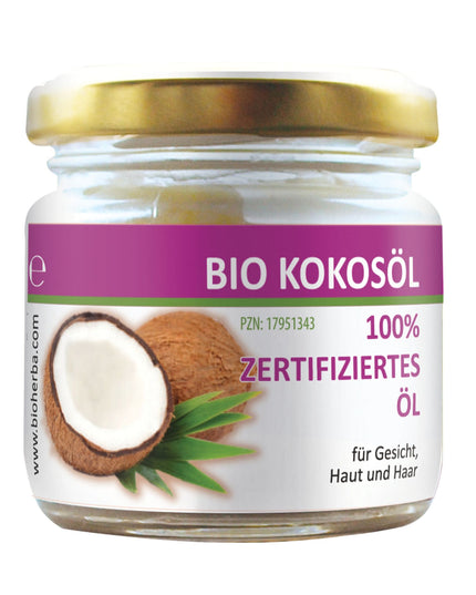 Jar of coconut oil with a purple label on a white background