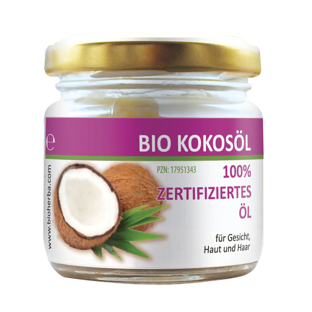 Jar of coconut oil with a purple label on a white background