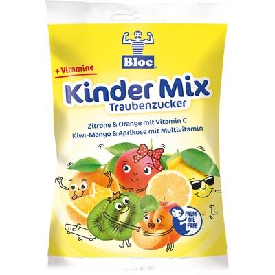 Packaging of Bloc Kinder Mix with cartoon fruits on a yellow background