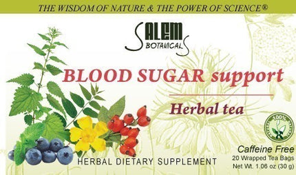 Salem Botanical Blood Sugar Support Herbal Tea packaging with herbs and berries on a white background