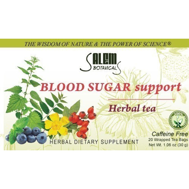 Salem Botanical Blood Sugar Support Herbal Tea packaging with herbs and berries on a white background