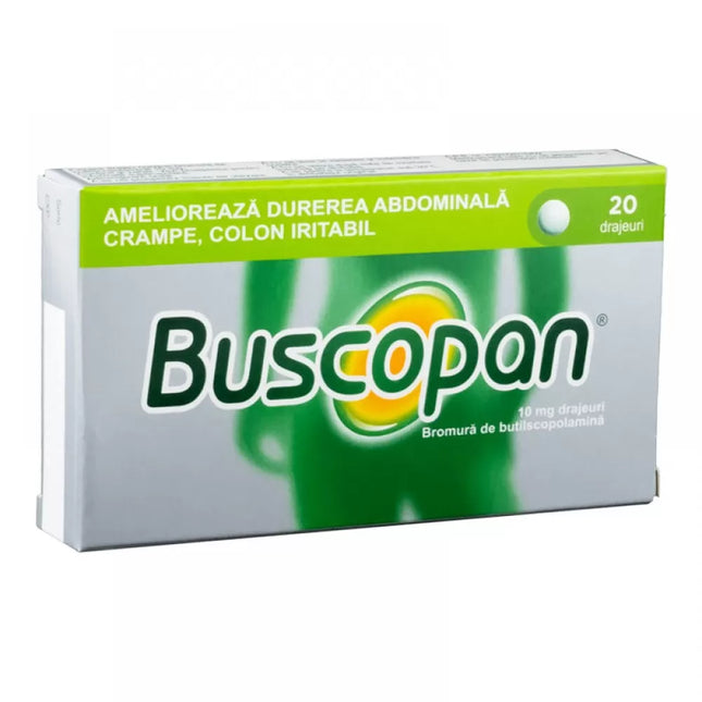 Box of Buscopan with green and white design on a white background