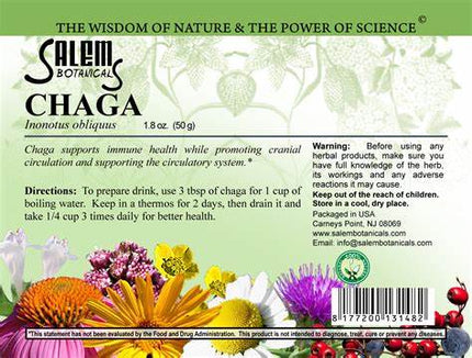 Salem Botanicals Chaga supplement label with herbal imagery and text.
