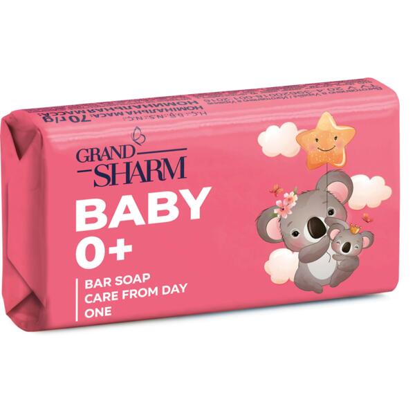 Pink baby soap bar with koala design and 'Grand Sharm' branding on a white background