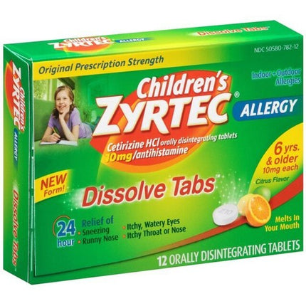children's zyrtec dissolve tabs, zyrtec dissolve tablets, cetirizine hcl 10 mg, children's allergy relief, antihistamine, allergy medicine for kids, dissolve tabs, orally disintegrating tablets, hay fever relief, seasonal allergy relief, indoor allergy relief, outdoor allergy relief, 24 hour allergy relief, citrus flavor, детский зиртек, цетиризин 10 мг, таблетки от аллергии, растворяющиеся таблетки, антигистаминное средство, аллергия у детей, сенная лихорадка, насморк, чихание, зуд глаз, детское средство о