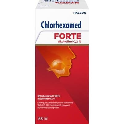 Chlorhexamed Forte packaging with a red and white design on a white background