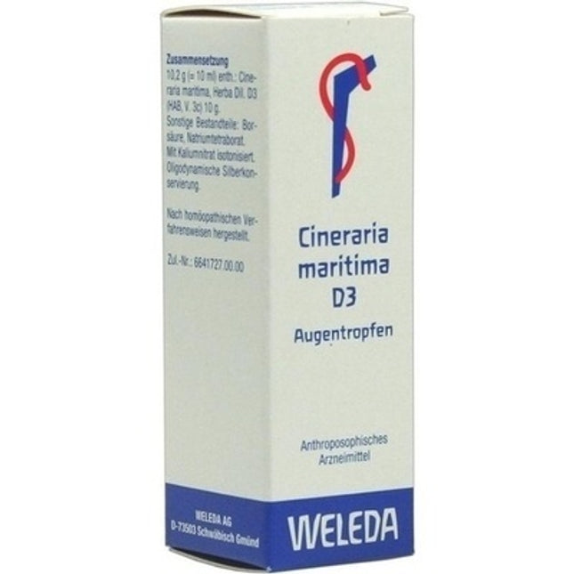 Weleda Cineraria maritima D3 eye drops packaging on a white background