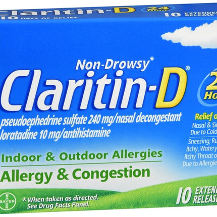 Box of Claritin-D allergy medication with blue and green design