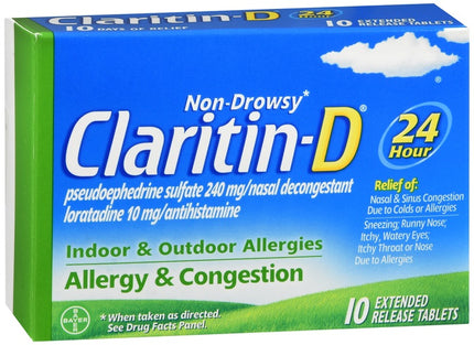 Box of Claritin-D allergy medication with blue and green design