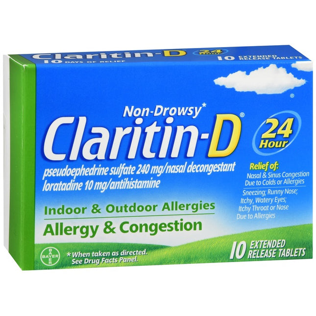 Box of Claritin-D allergy medication with blue and green design
