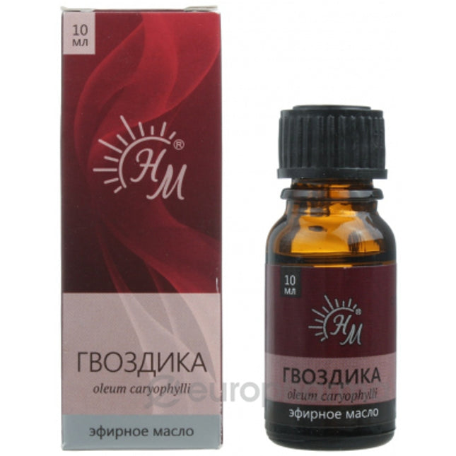 Bottle and box of caryophyllus essential oil with NMM logo